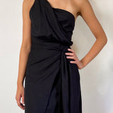 Olivia One Shoulder Midi Linen Dress - Black