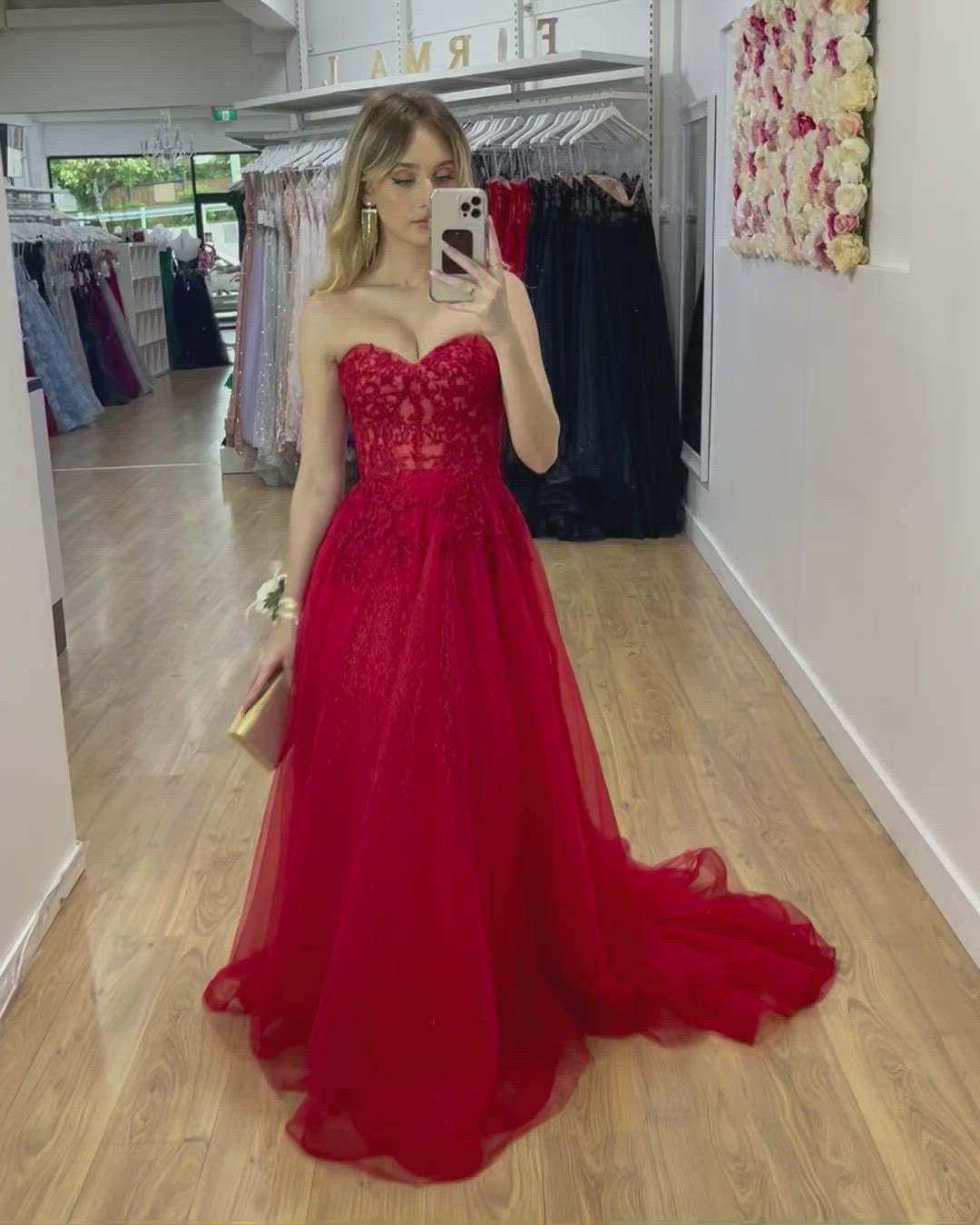 Shop Formal Dress - Hailey Tulle Glitter Gown - Red fifth image