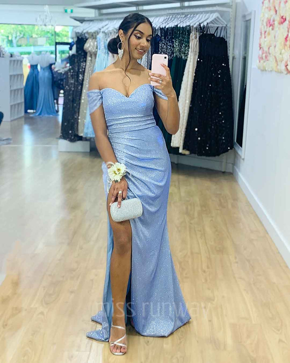 Carmen Glitter Gown - Light Blue | Miss Runway Boutique