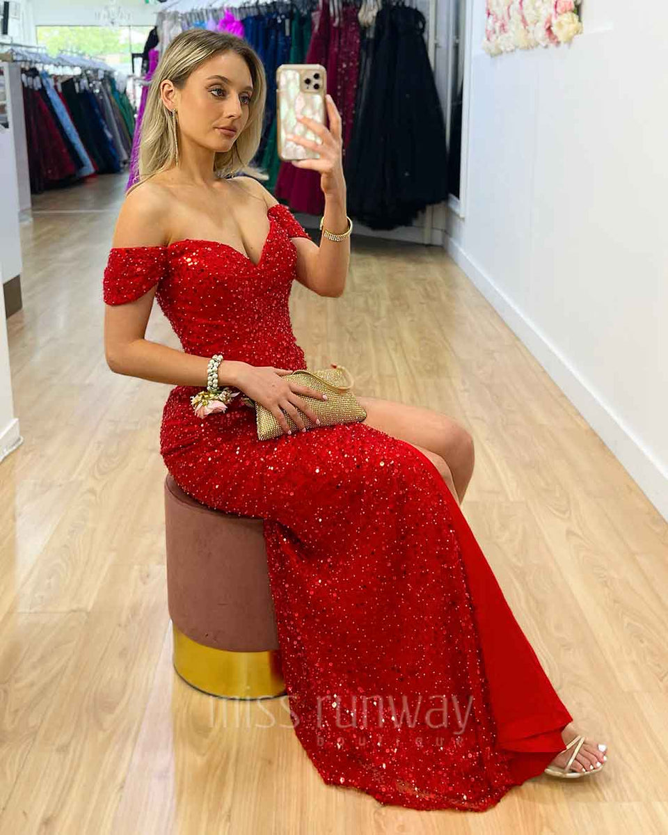 Carmen Sequin Gown - Red