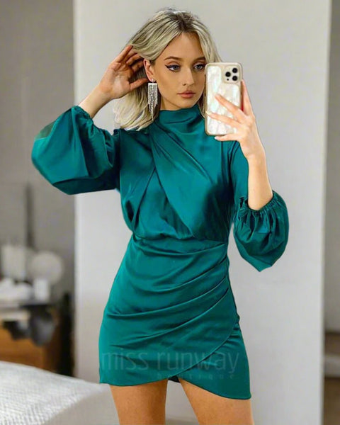 Estella Satin Mini Dress Green Miss Runway Boutique