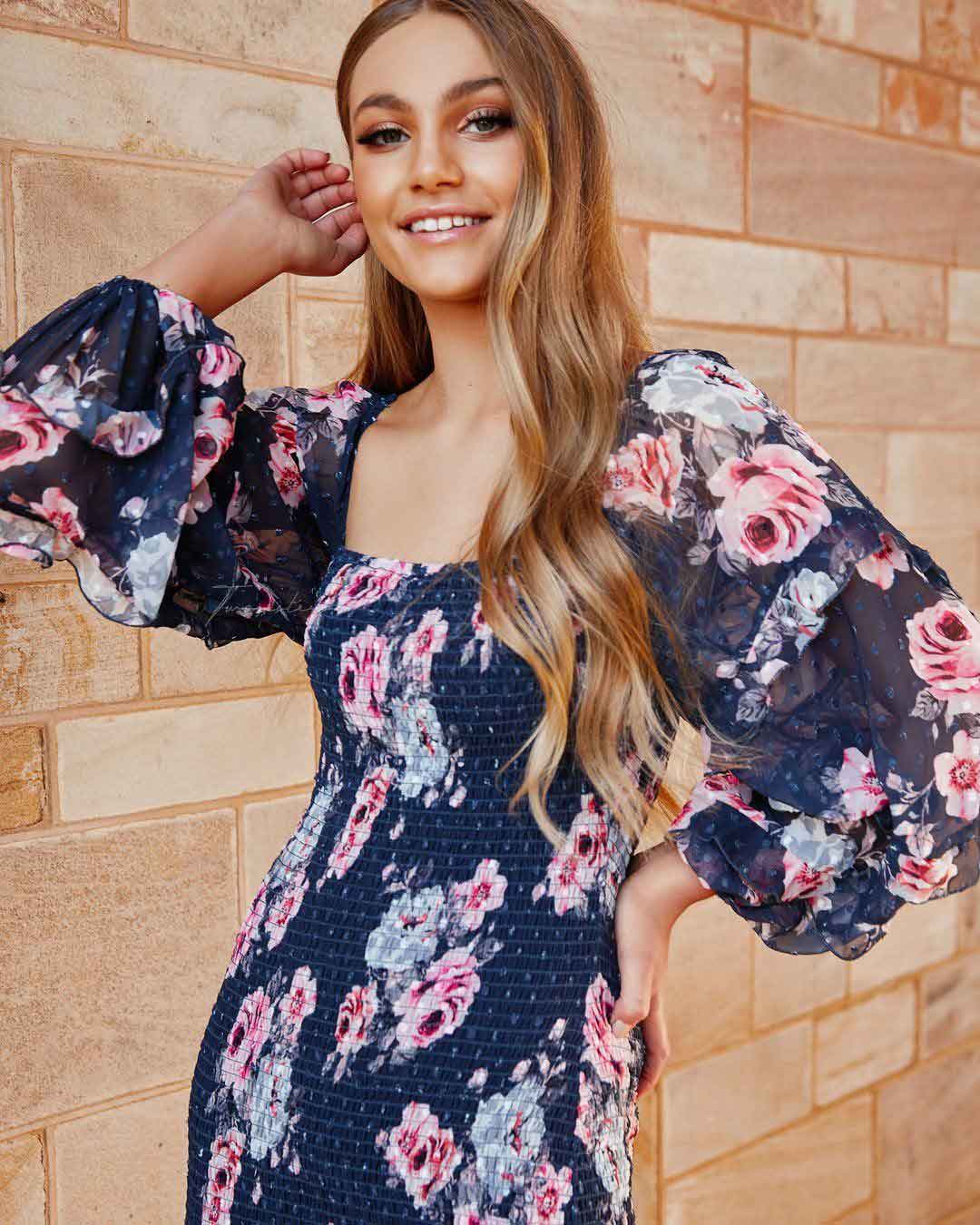 Gail Floral Dress - Navy