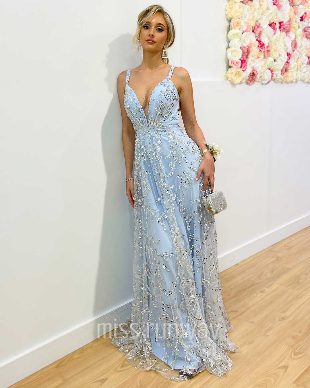 Isabella Beaded Gown - Ivory/Blue