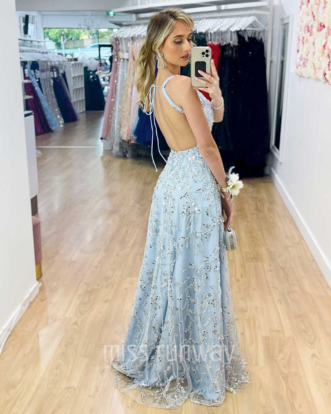 Isabella Beaded Gown - Ivory/Blue