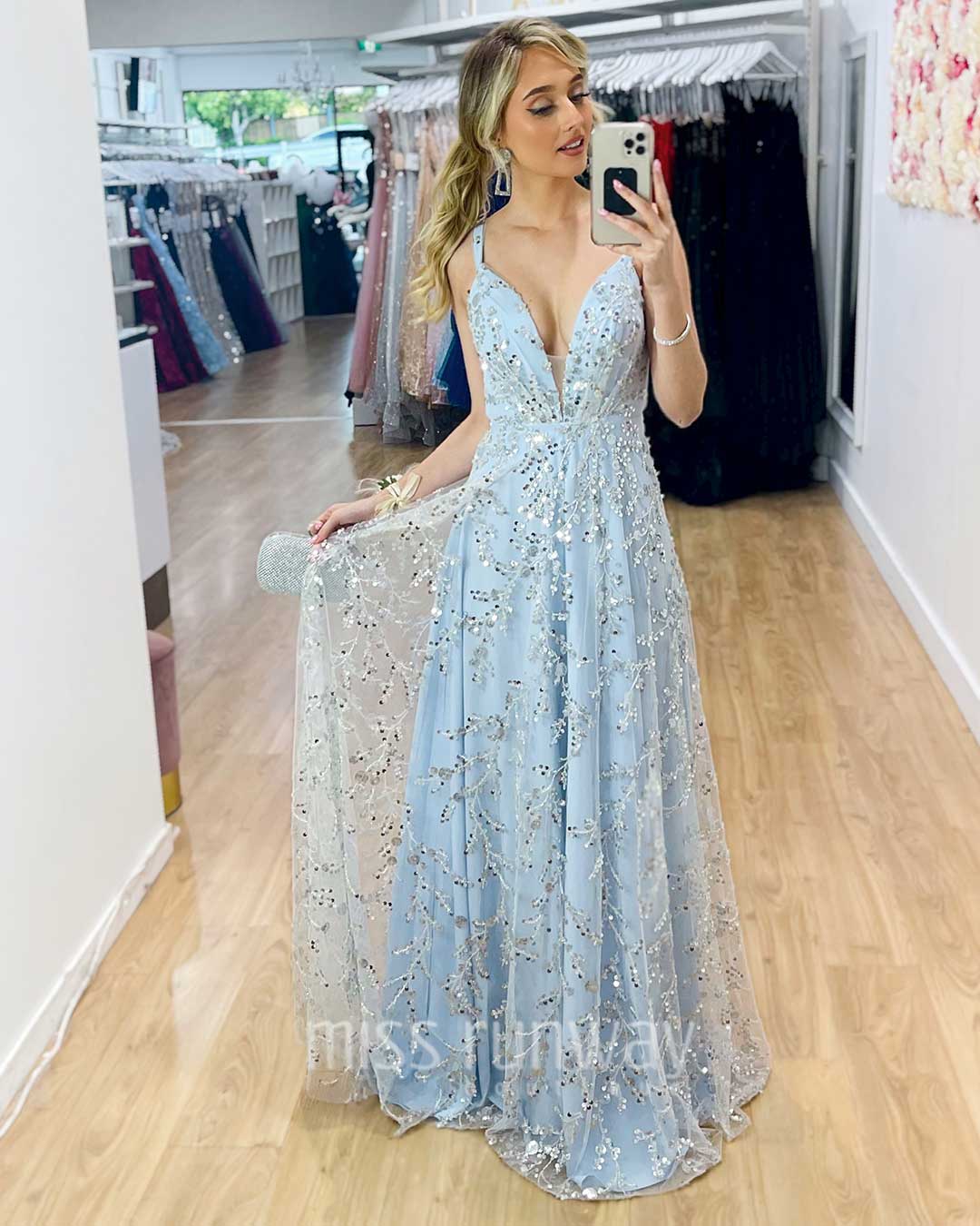 Isabella Beaded Gown - Ivory/Blue
