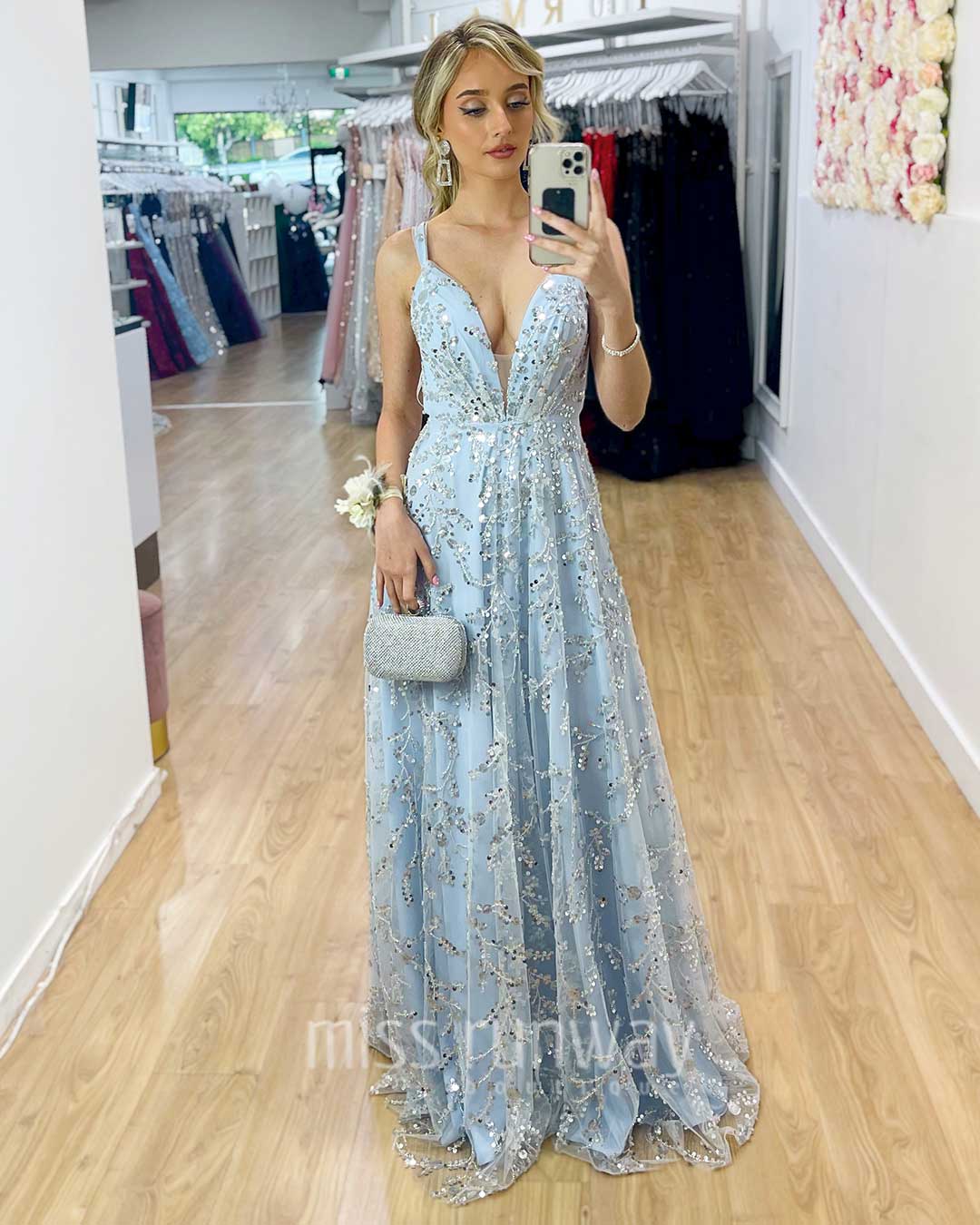 Isabella Beaded Gown - Ivory/Blue