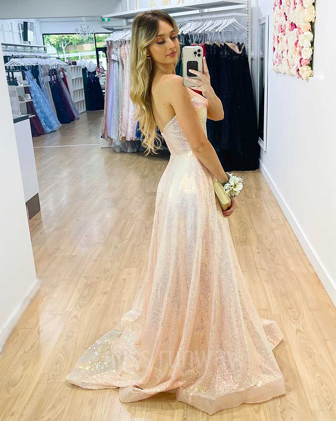 Jewel Sequin Gown Pearl Pink