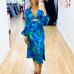 Kora Satin Midi Dress - Green/Blue Print