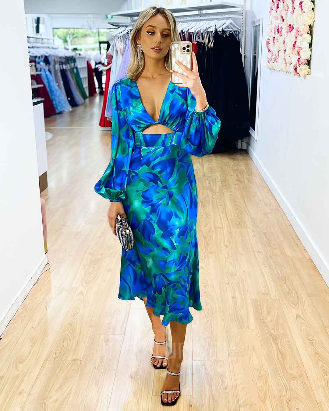 Kora Satin Midi Dress - Green/Blue Print