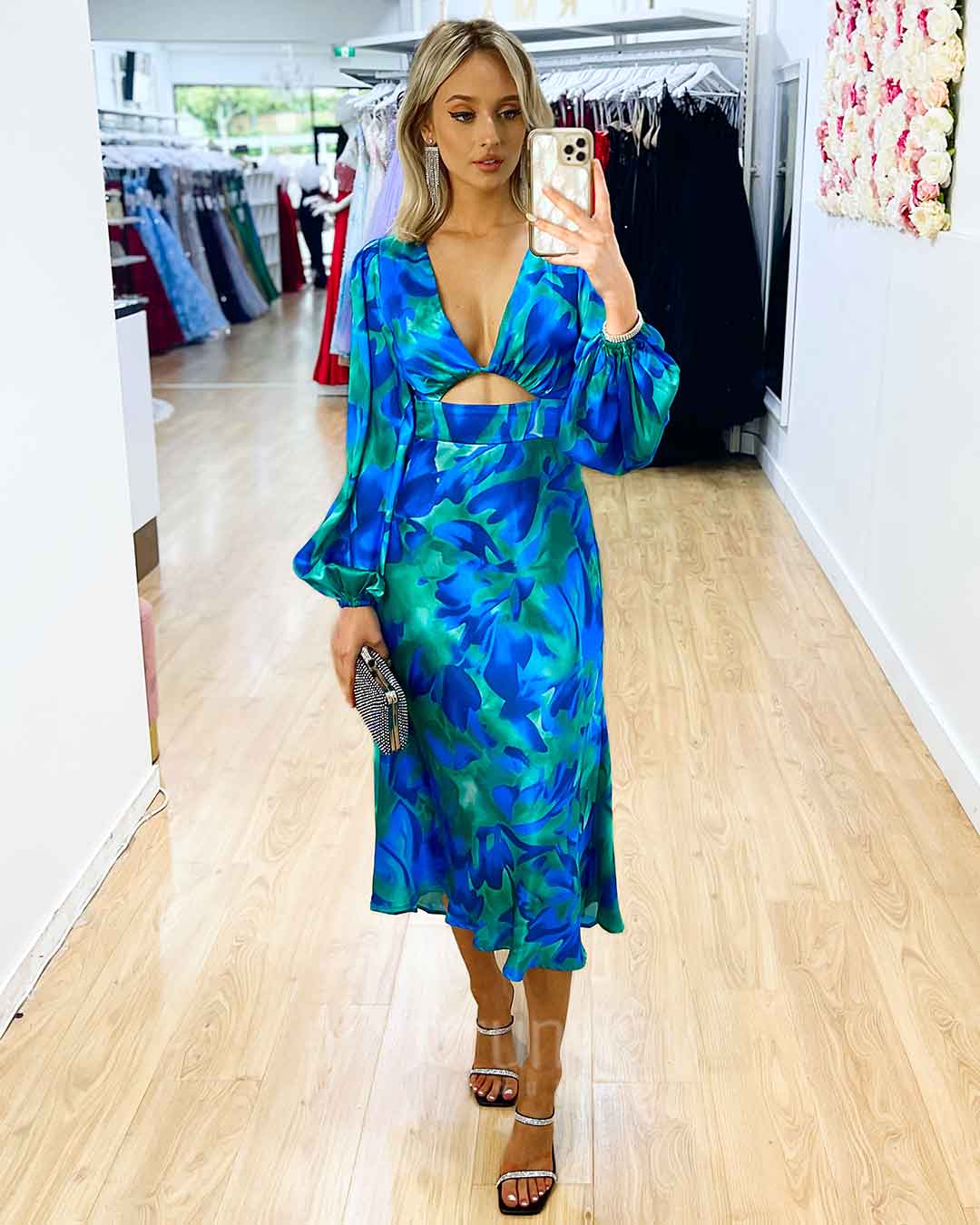 Kora Satin Midi Dress - Green/Blue Print