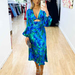 Kora Satin Midi Dress - Green/Blue Print