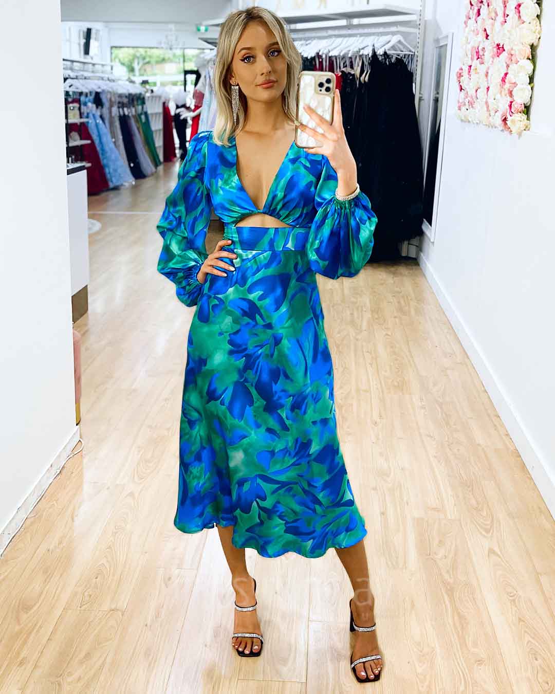 Kora Satin Midi Dress - Green/Blue Print