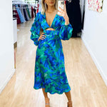 Kora Satin Midi Dress - Green/Blue Print