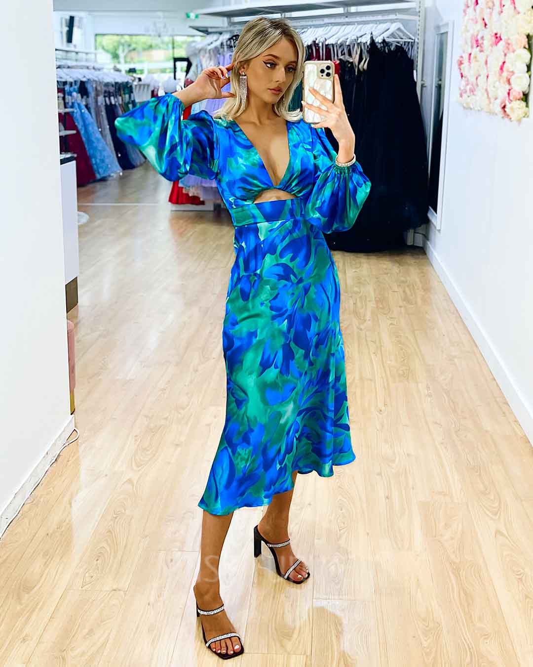 Kora Satin Midi Dress - Green/Blue Print