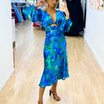 Kora Satin Midi Dress - Green/Blue Print