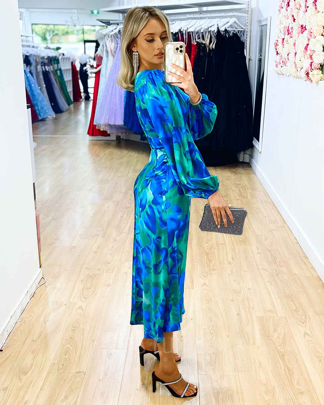 Kora Satin Midi Dress - Green/Blue Print