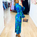 Kora Satin Midi Dress - Green/Blue Print