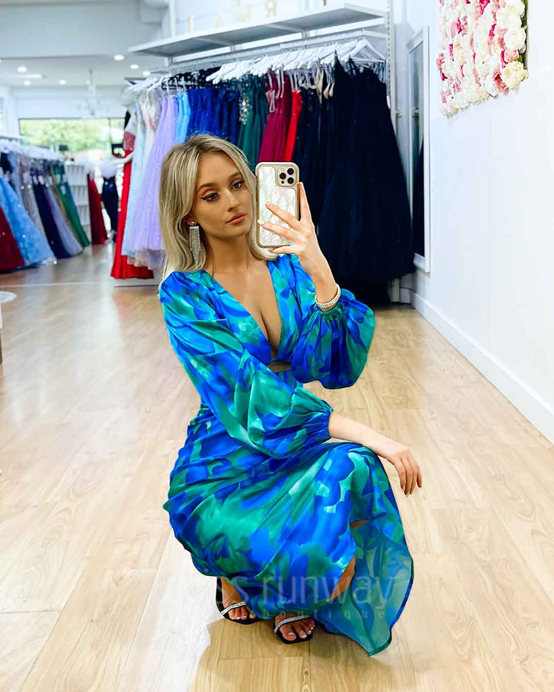Kora Satin Midi Dress - Green/Blue Print