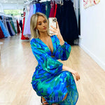 Kora Satin Midi Dress - Green/Blue Print