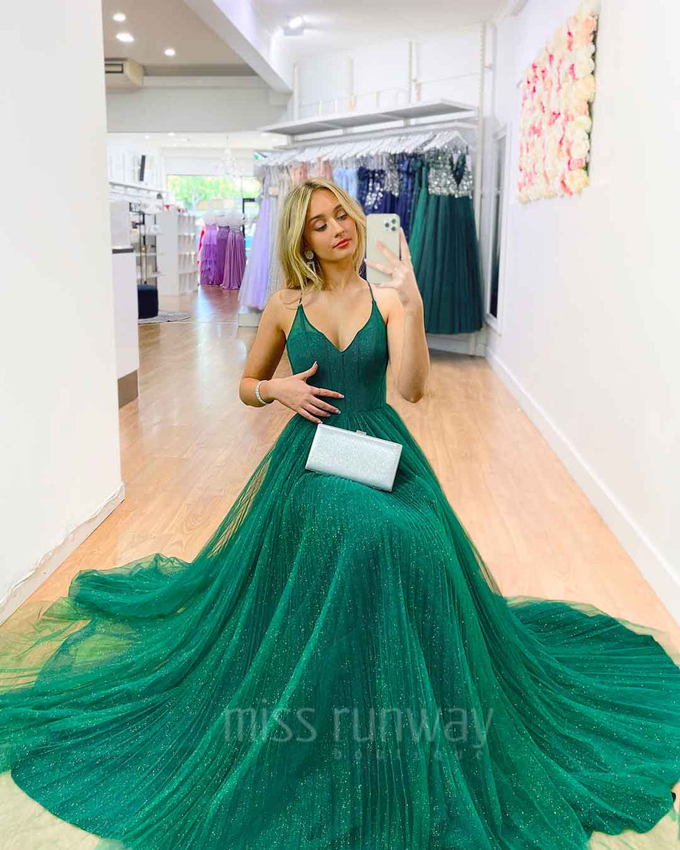 Masha Tulle Glitter Gown - Emerald Green