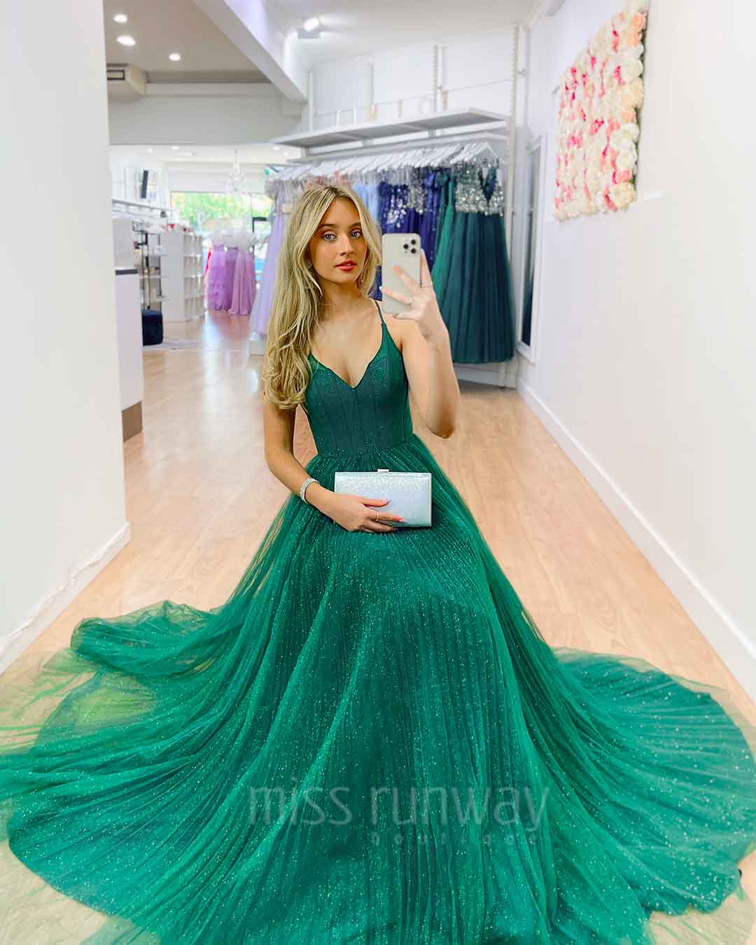 Masha Tulle Glitter Gown - Emerald Green