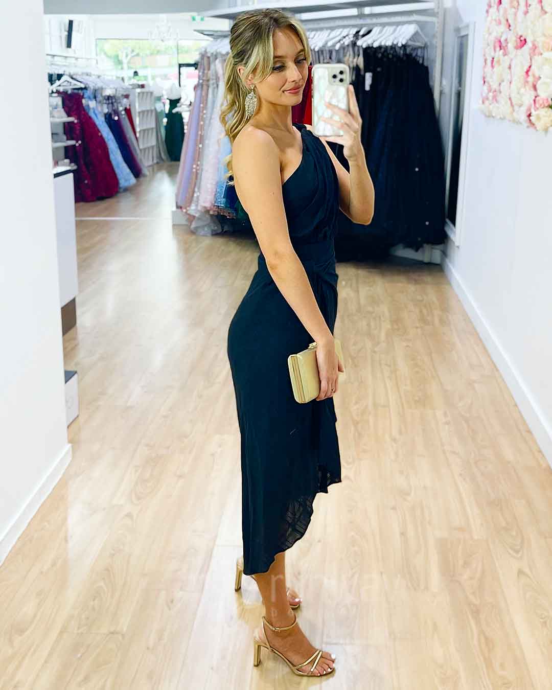 Olivia One Shoulder Midi Dress - Black