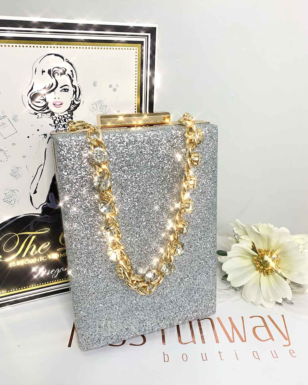 Sandy Glitter Box Clutch Silver