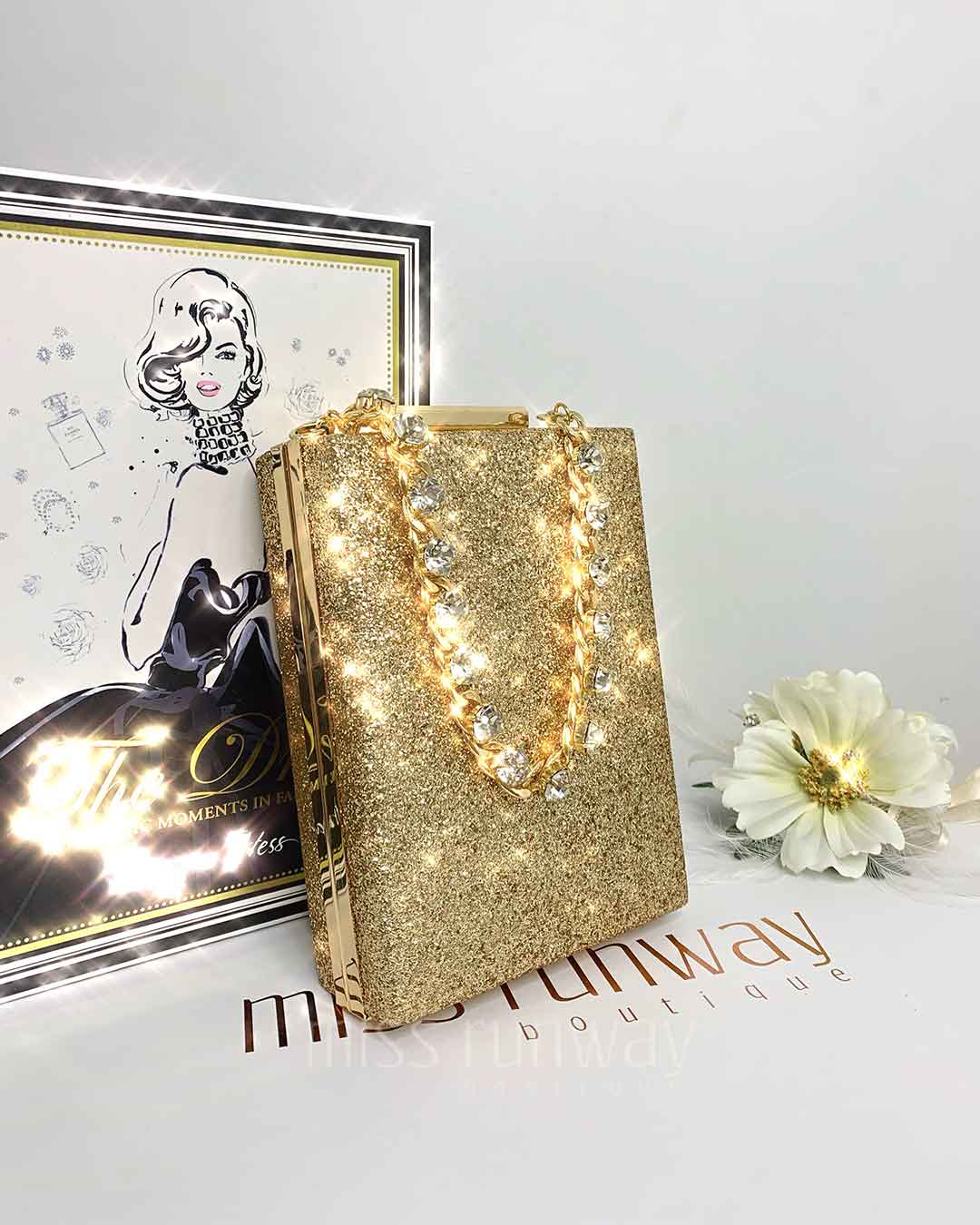 Sandy Glitter Box Clutch Gold 