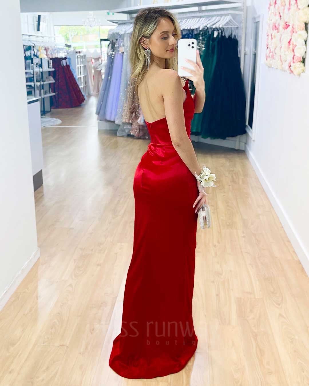 Shop Formal Dress - Tayla Satin Gown - Red fifth image