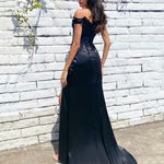 Gisela Embroidered Corset Satin Gown - Black