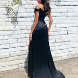 Gisela Embroidered Corset Satin Gown - Black