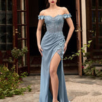 Gisela Embroidered Corset Satin Gown - Smoky Blue