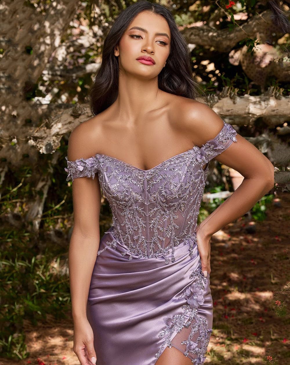 Gisela Embroidered Corset Satin Gown - Dusty Lavender