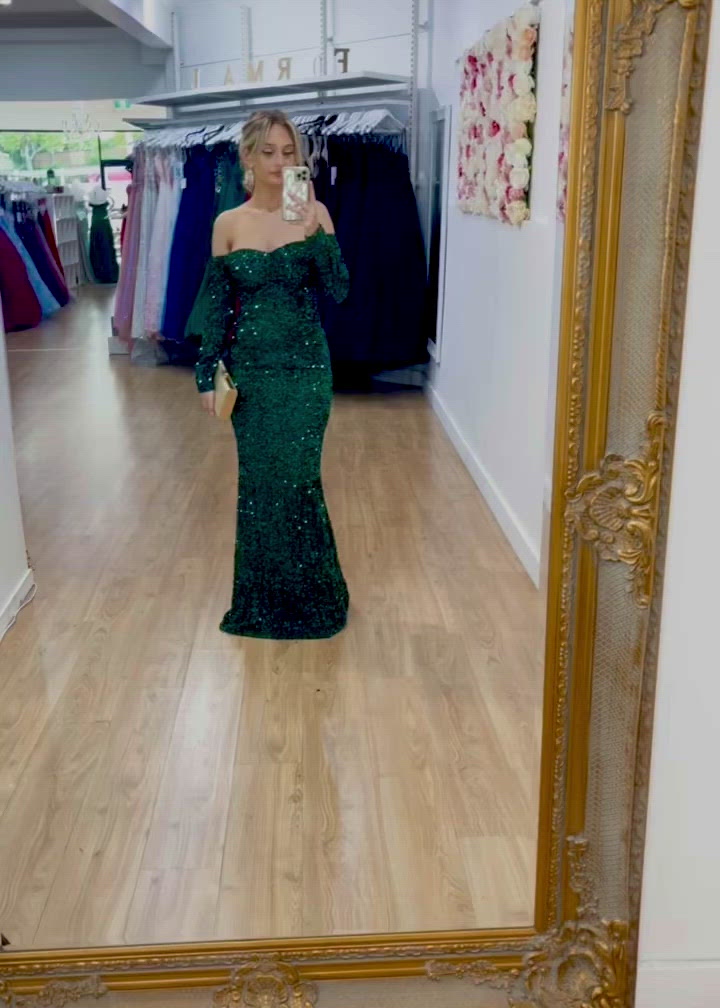 Valerie Long Sleeve Sequin Gown - Emerald Green