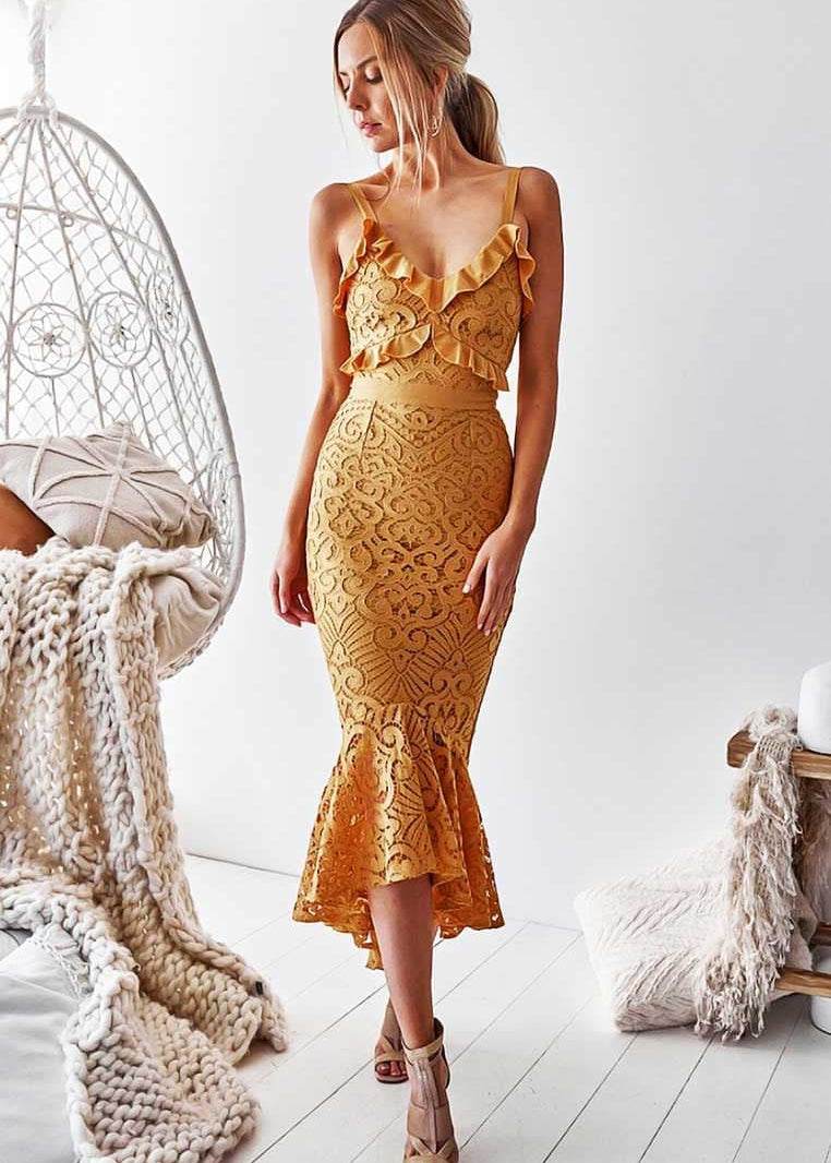 Leanne Lace Midi Dress - Mustard Leanne Lace Midi Dress - Mustard