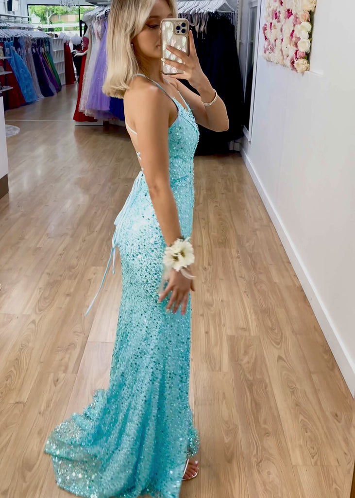 Paige Sequin Gown - Aqua Blue