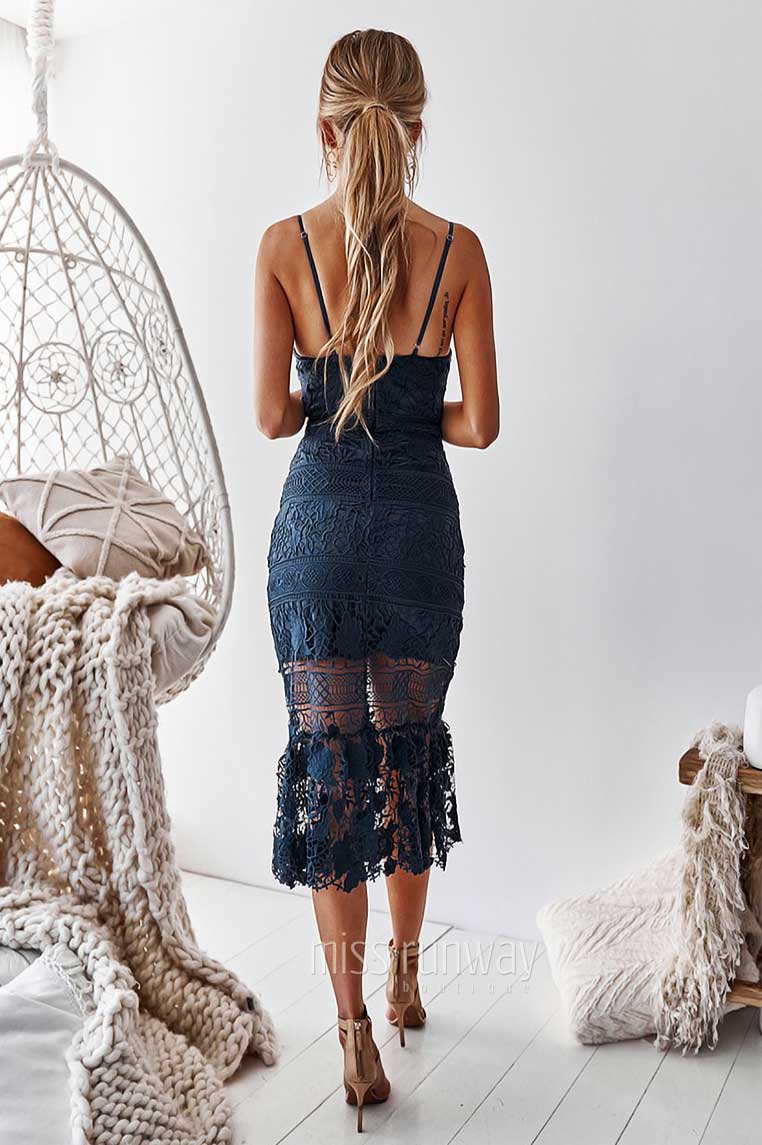 Estelle Lace Midi Dress - Steel Blue - Miss Runway Boutique