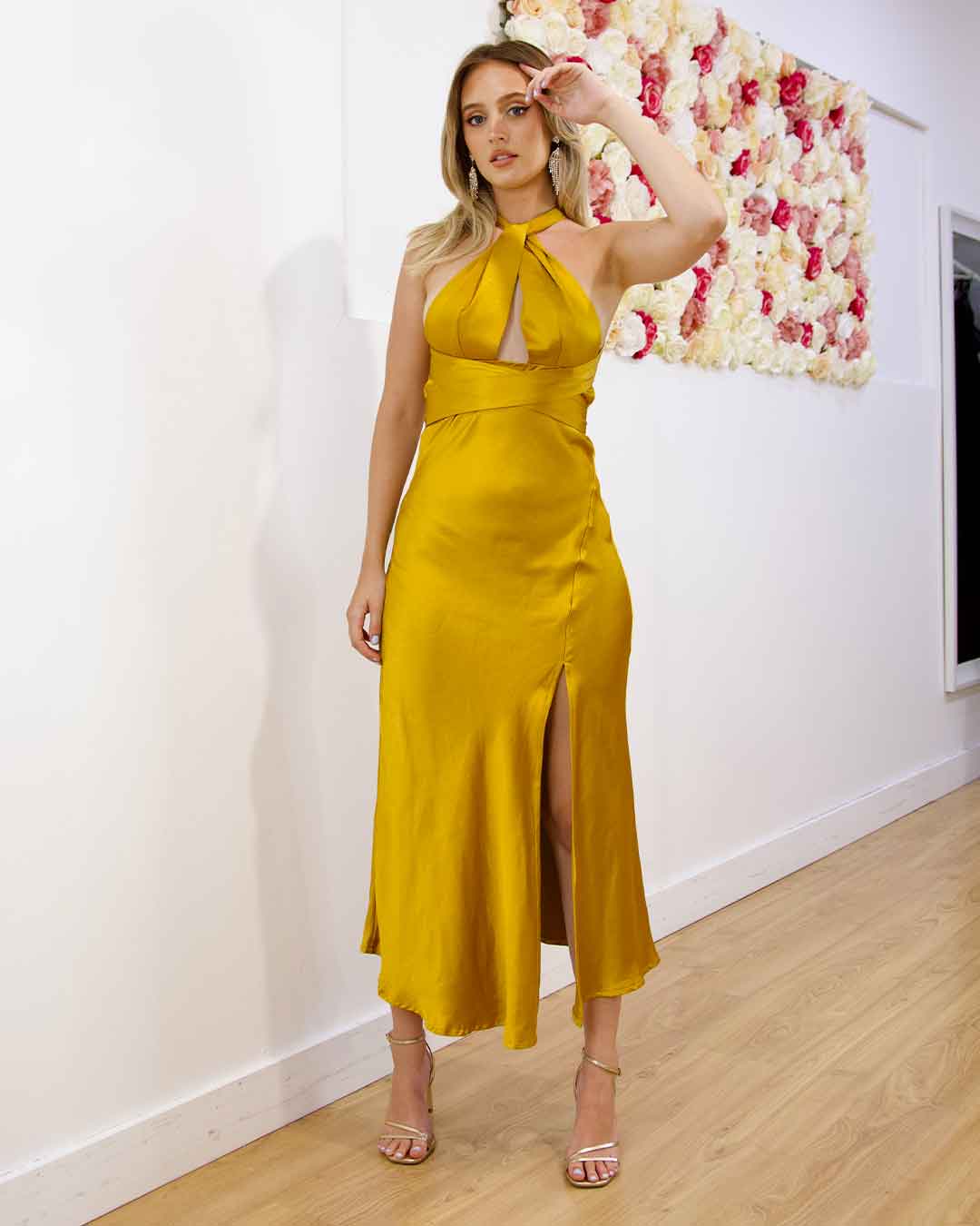 Nicola Satin Midi Dress - Mustard